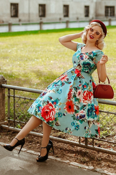 Woman's Off Shoulder Blue Floral Swing Dress