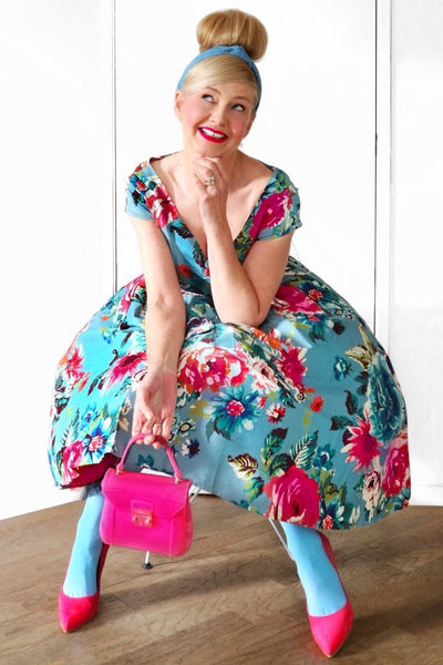 Woman's Off Shoulder Blue Floral Swing Dress