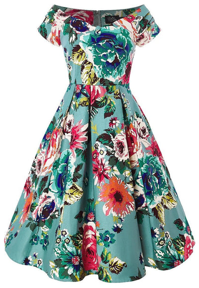 Woman's Off Shoulder Blue Floral Swing Dress