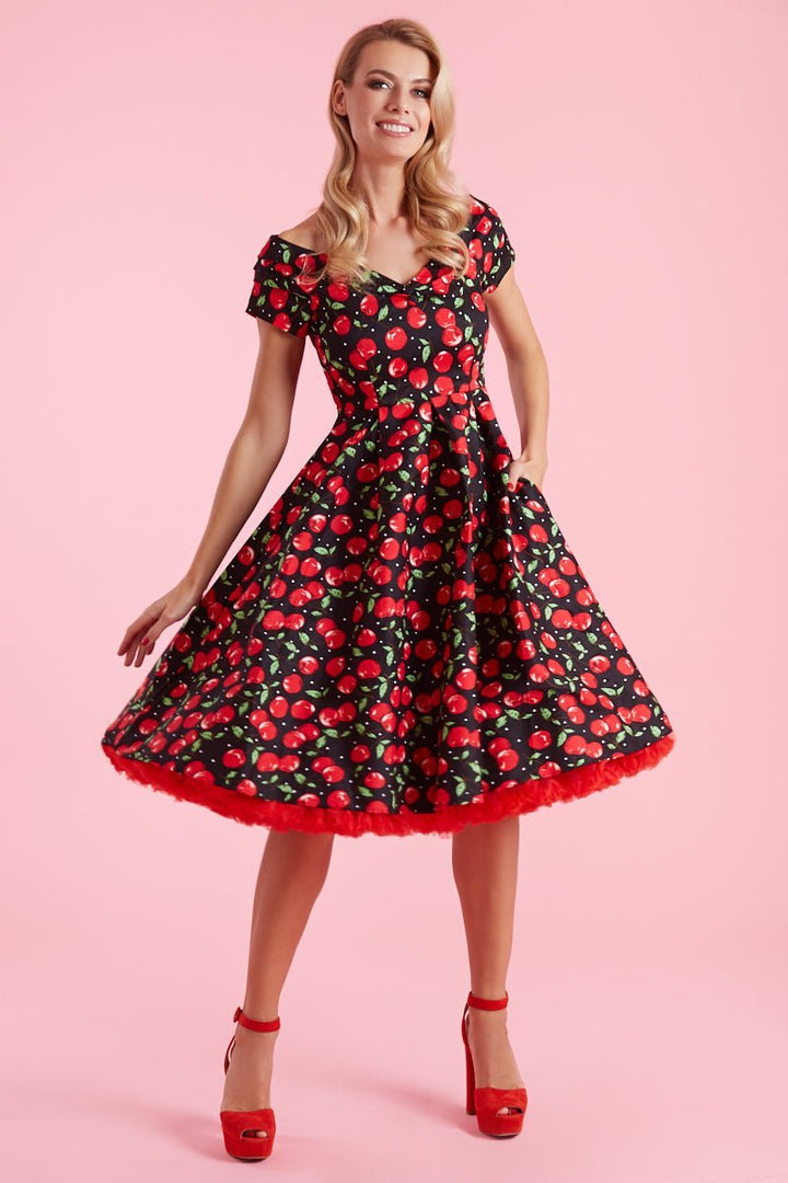 Lily Off Shoulder Cherry Swing Dress - Dolly and Dotty