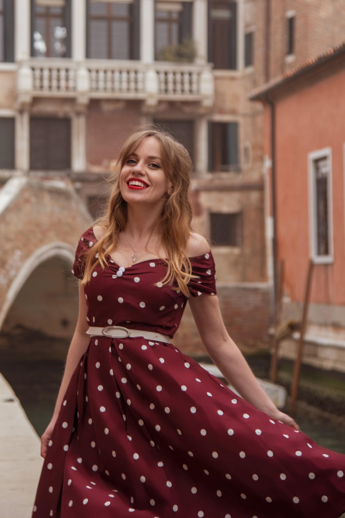 Lily Off Shoulder Polka Dot Evening Dress in Burgundy/White