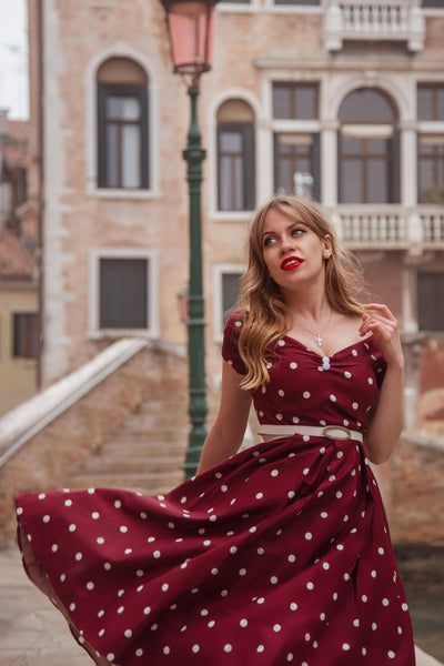 Off Shoulder Polka Dot Evening Dress in Burgundy/White