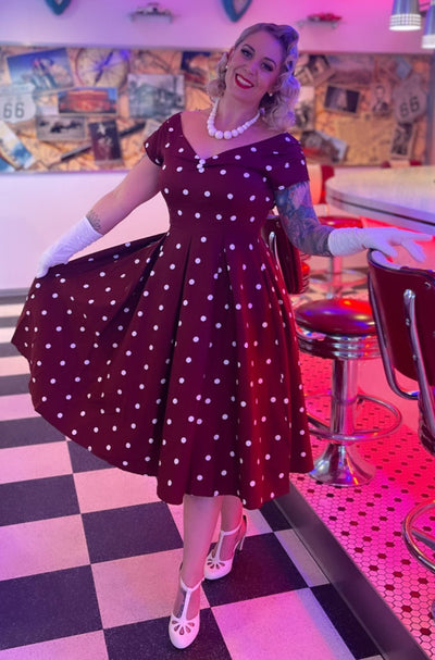 Off Shoulder Polka Dot Evening Dress in Burgundy/White