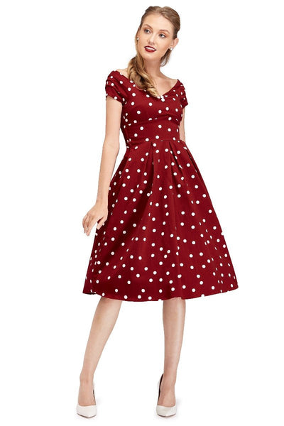 Off Shoulder Polka Dot Evening Dress in Burgundy/White