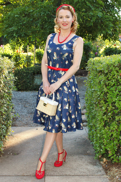 Owl & Letter Swing Dress in Dark Blue