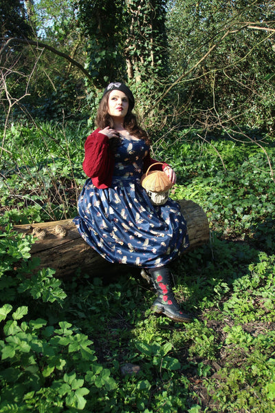 Owl & Letter Swing Dress in Dark Blue