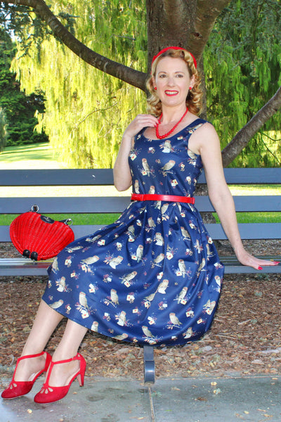 Owl & Letter Swing Dress in Dark Blue