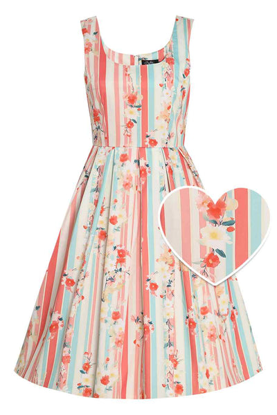 Front view of Pastel Floral & Striped Swing Dress