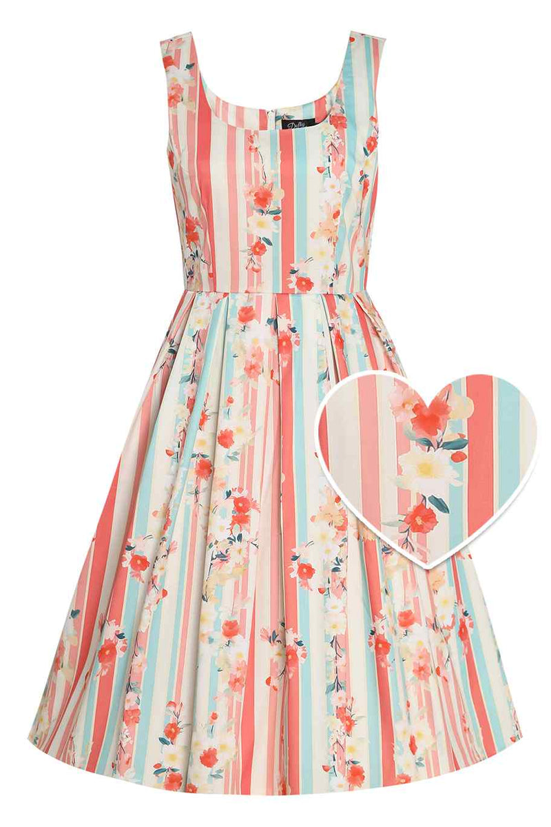 Front view of Pastel Floral & Striped Swing Dress