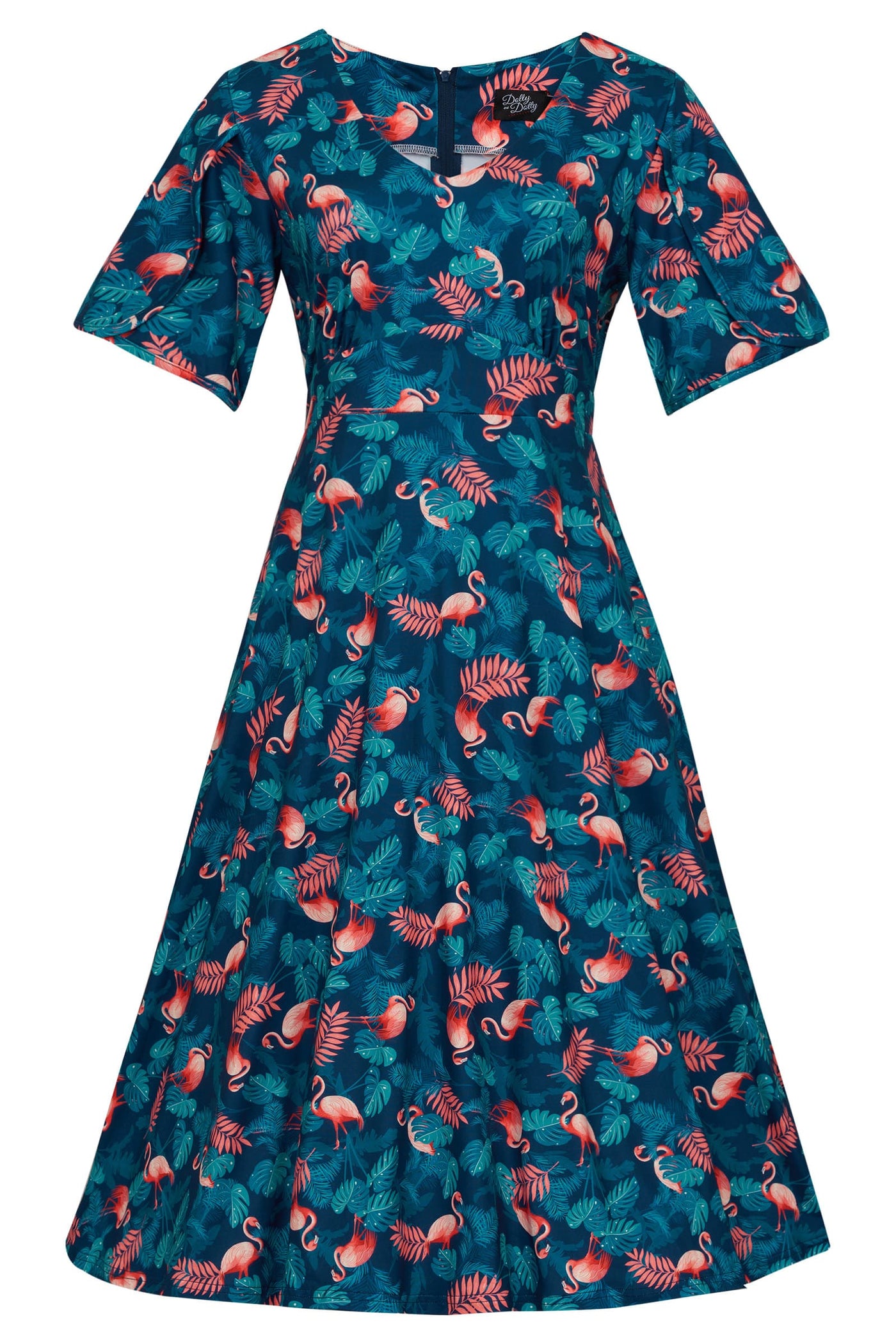 Front view of Petal Sleeve Dress In Blue Flamingo & Palm Leave Print