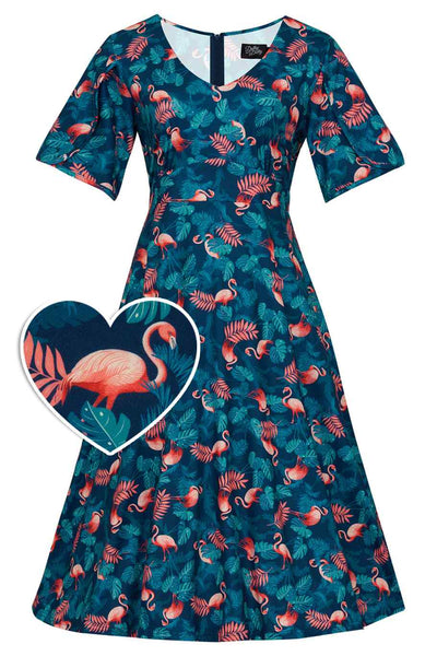 Petal Sleeve Dress In Blue Flamingo & Palm Leave Print