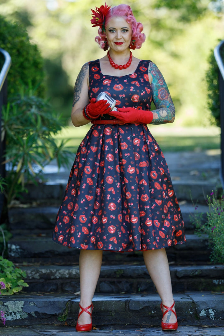 Amanda Pin Up Lip & Cherry Print Swing Dress with Pockets