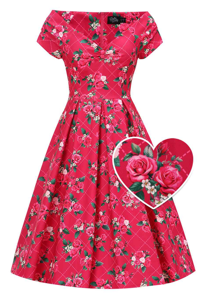 Front view of Pink Floral Vine Off Shoulder Dress