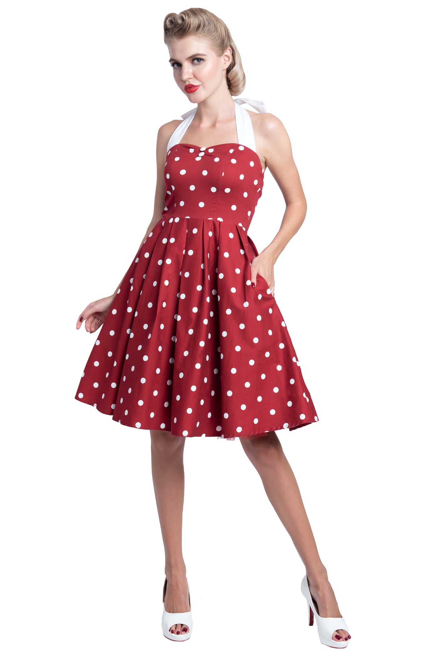 Pinup Burgundy & White Halterneck Dress full frontal angle with pockets