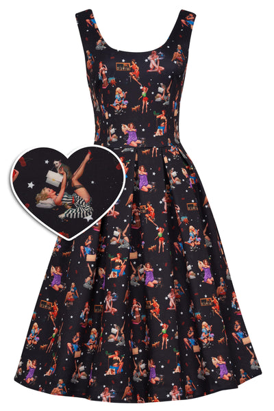 Front view of Pinup Girl Swing Dress In Black