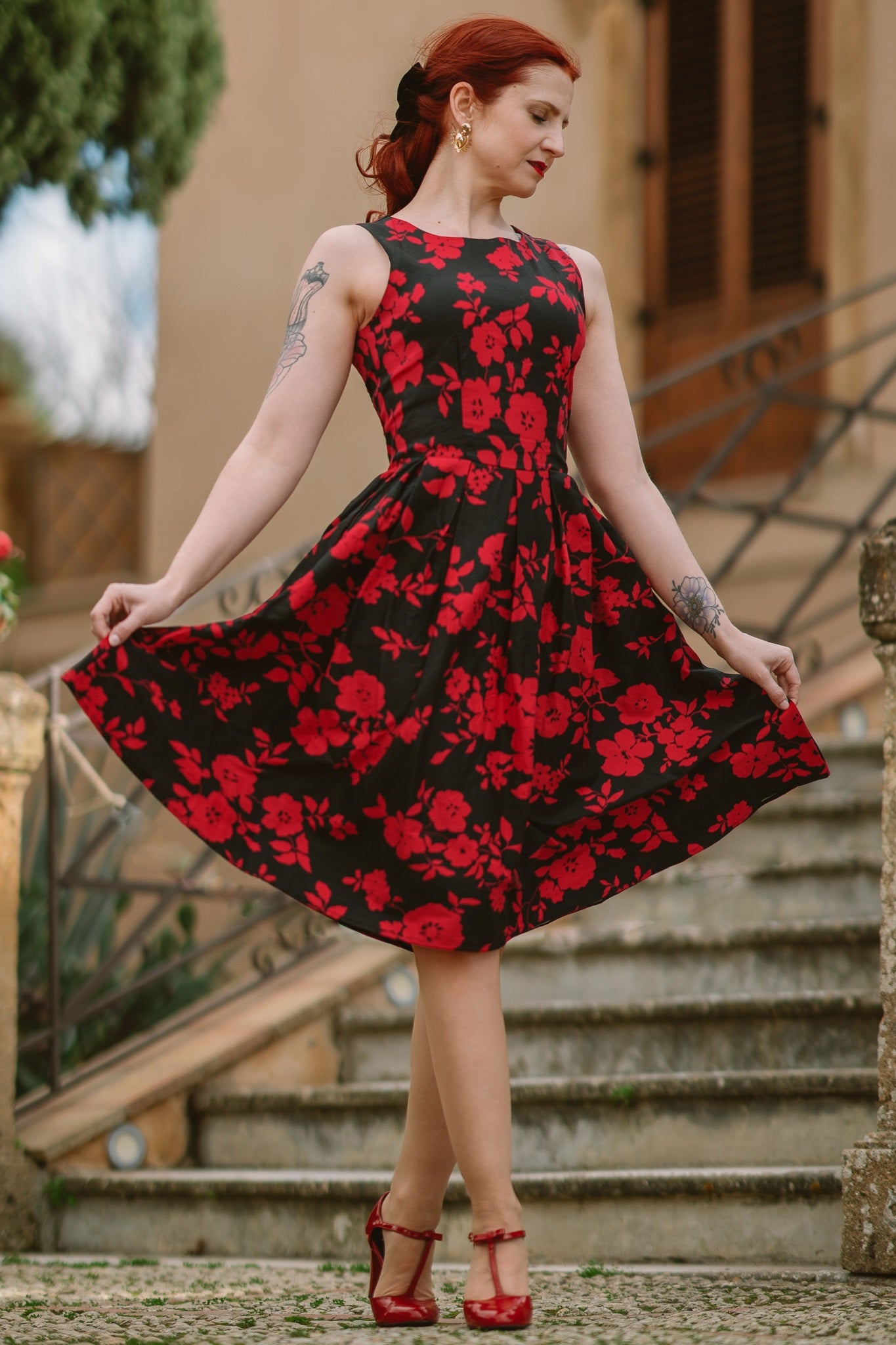 Red Floral Swing Dress