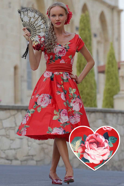 A model in Lily Red Rose Off Shoulder Midi Dress