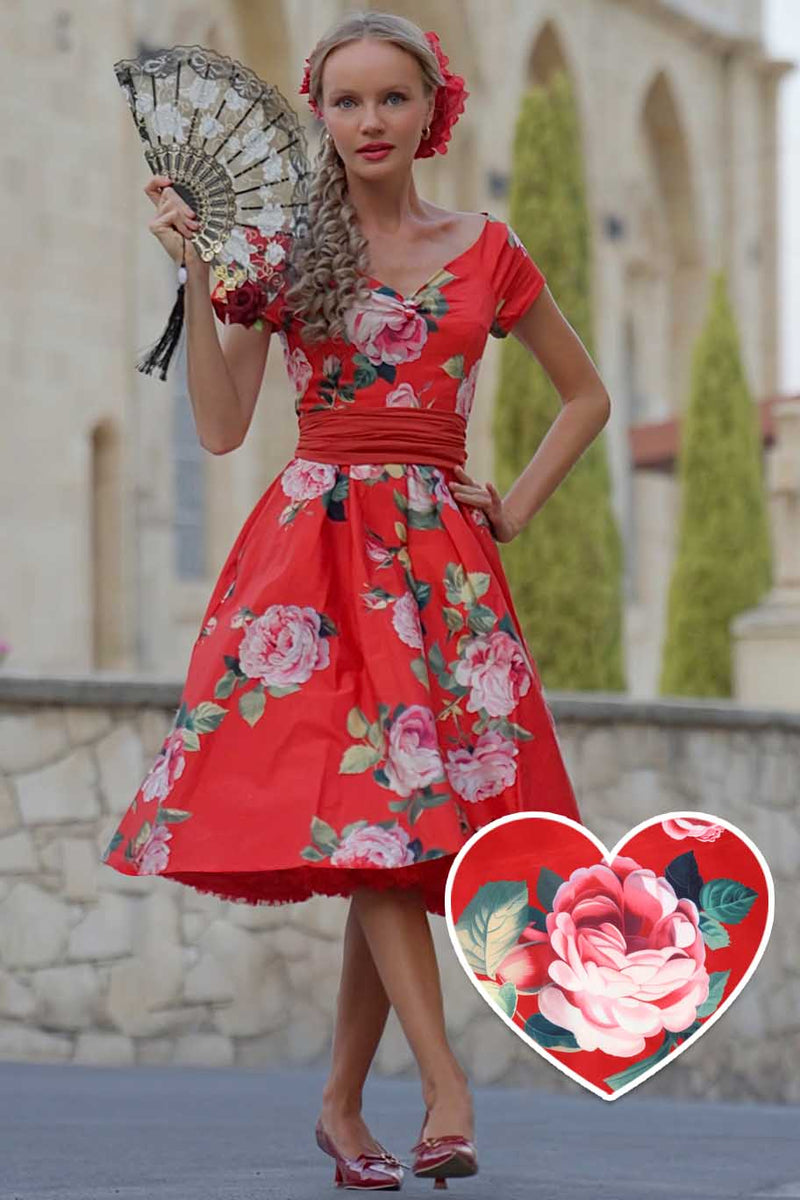A model in Lily Red Rose Off Shoulder Midi Dress