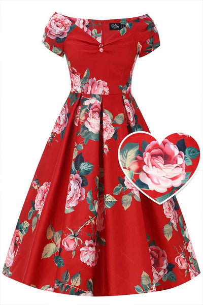 Front view of Red Rose Off Shoulder Midi Dress