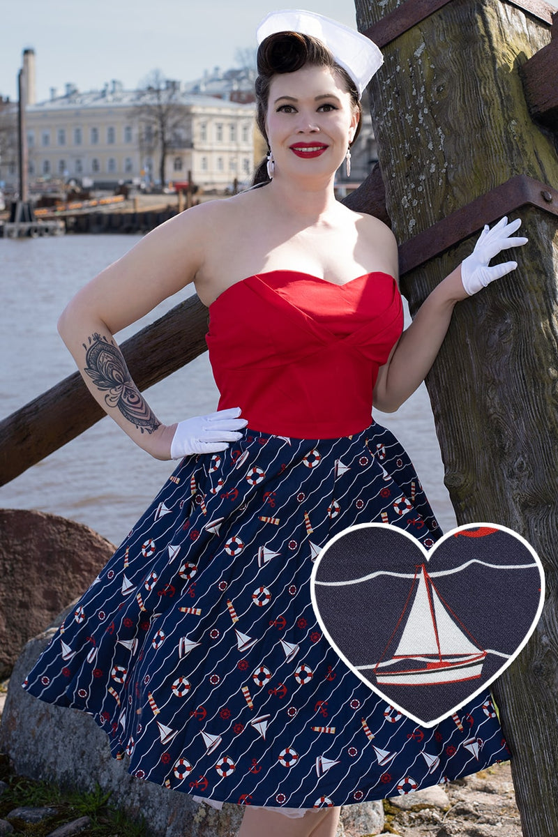 Red & Navy Nautical Strapless Dress