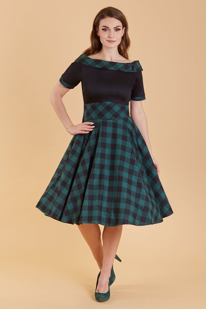 Darlene Retro Black/Green Tartan Swing Dress