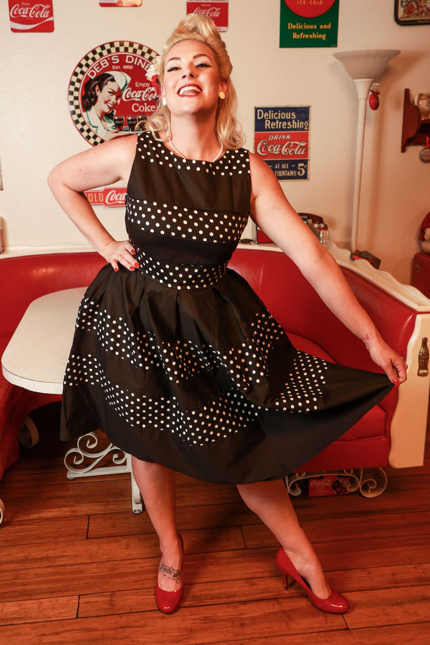 Retro Black Polka Dot Panel Swing Dress