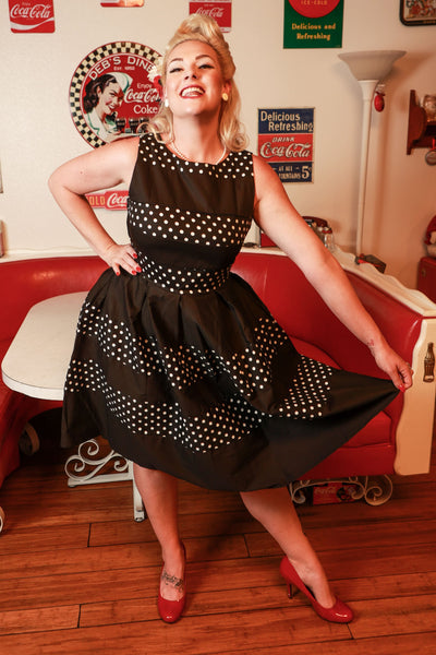 Retro Black Polka Dot Panel Swing Dress