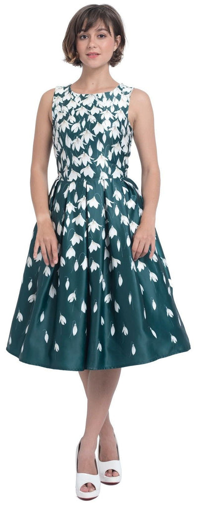 Retro Flared Dress in Myrtle Green with Snowdrop Tulip Print