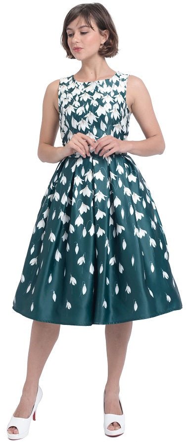 A model wearing Retro Flared Dress in Myrtle Green with Snowdrop Tulip Print
