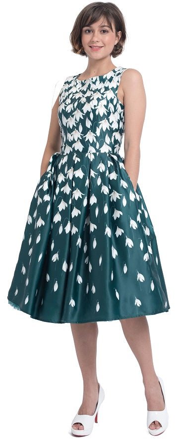A model wearing Retro Flared Dress in Myrtle Green with Snowdrop Tulip Print