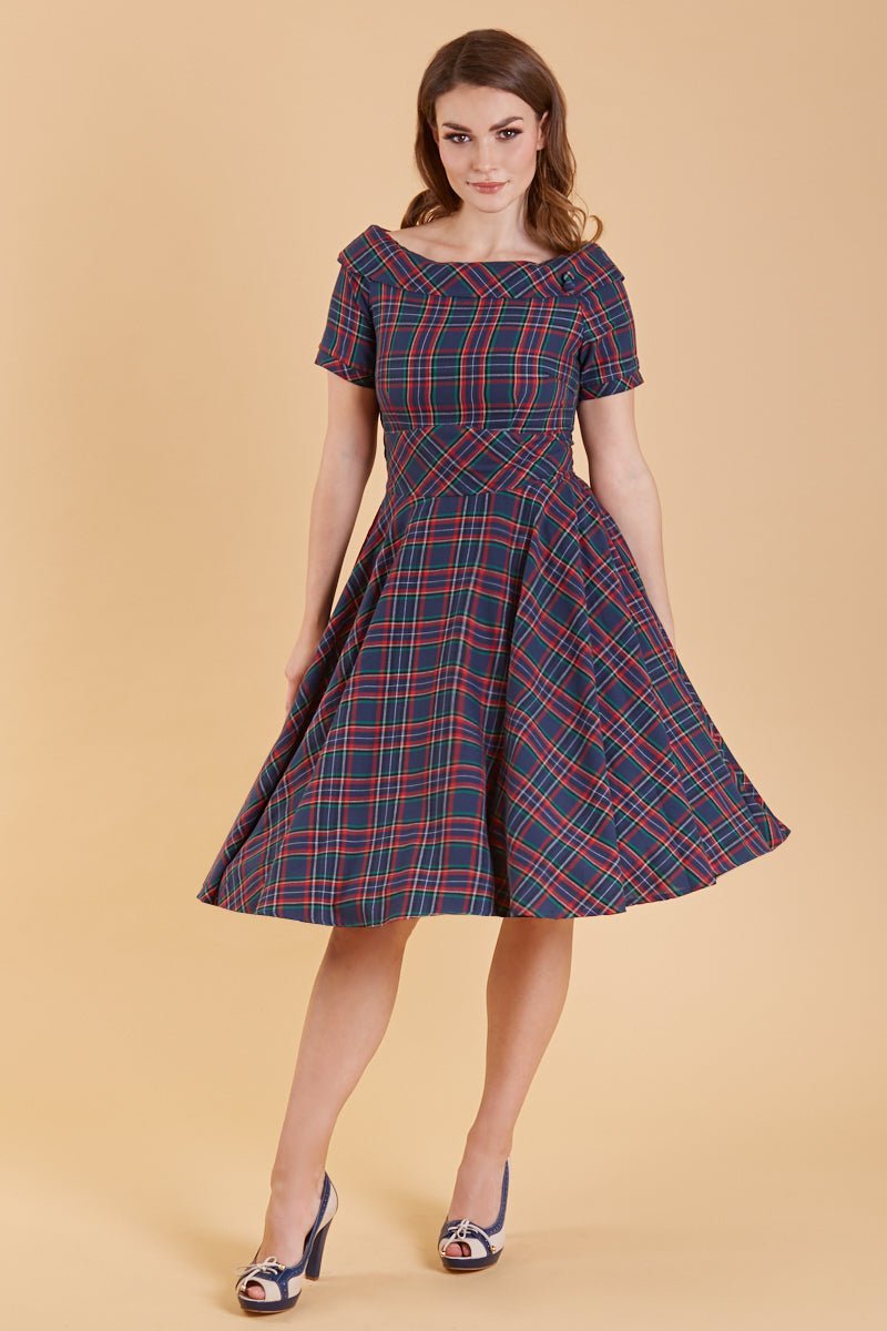 1950s Retro Off Shoulder Swing Dress in Navy & Red Tartan front view