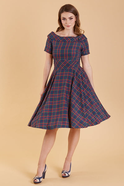 1950s Retro Off Shoulder Swing Dress in Navy & Red Tartan front view