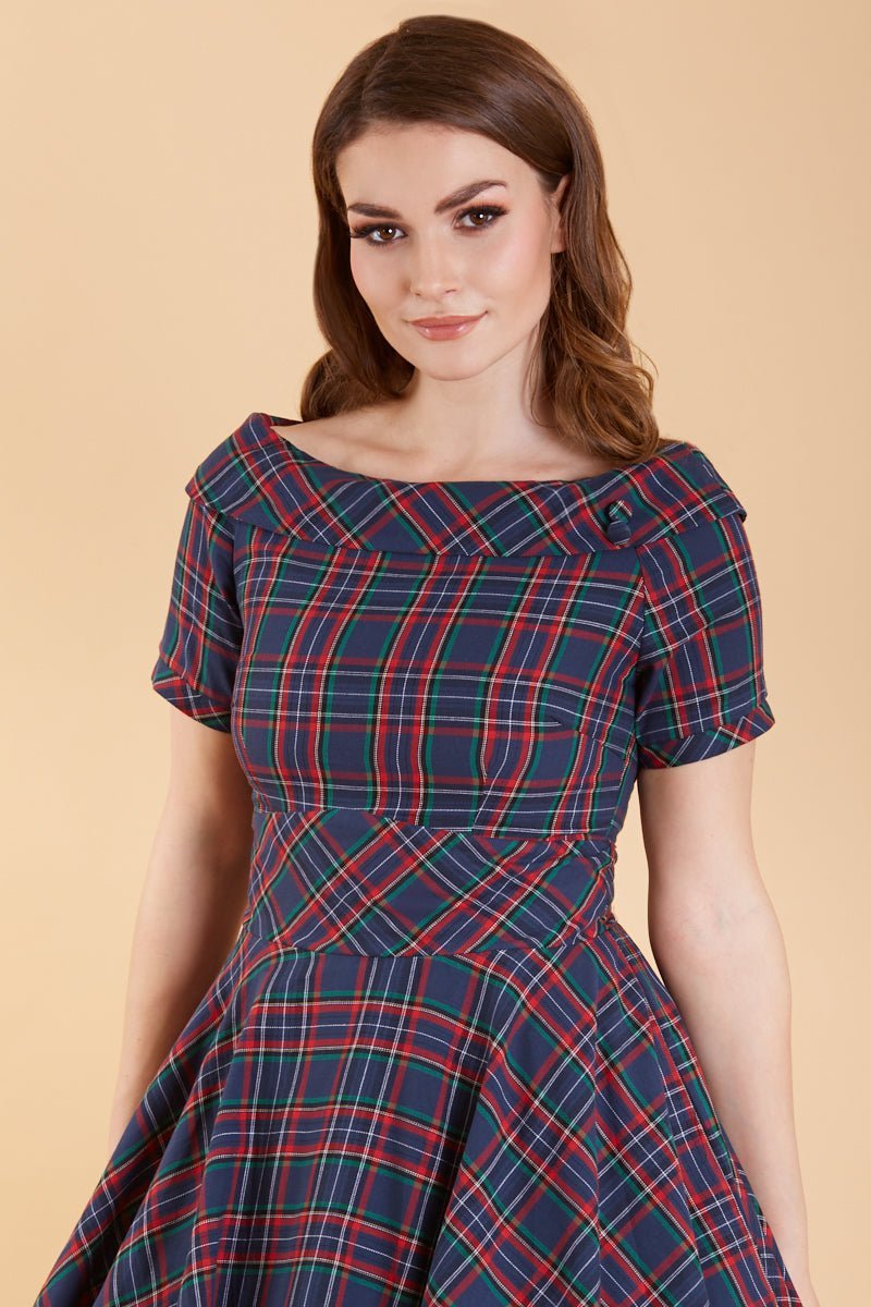 1950s Retro Off Shoulder Swing Dress in Navy & Red Tartan close up