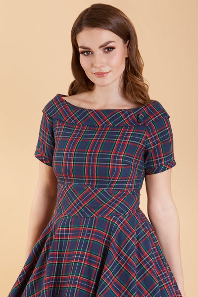 1950s Retro Off Shoulder Swing Dress in Navy & Red Tartan close up
