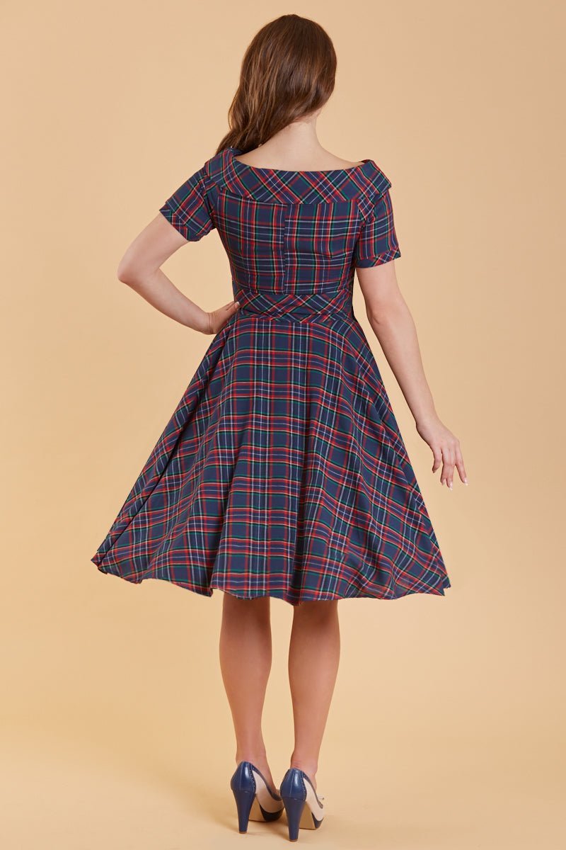 1950s Retro Off Shoulder Swing Dress in Navy & Red Tartan back view