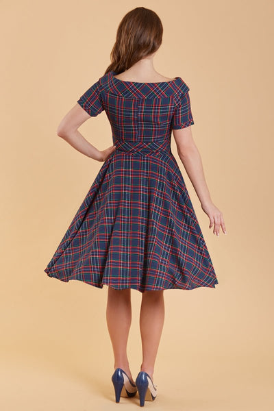 1950s Retro Off Shoulder Swing Dress in Navy & Red Tartan back view