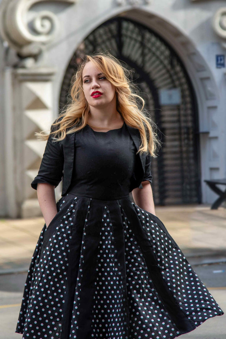Judith Retro Pleated Black Polka Dot Dress 50s-Inspired Swing Dress