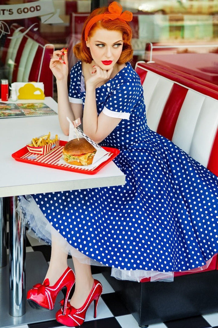 retro polka dot dress Darlene Retro Polka Dot Swing Dress in Dark Blue