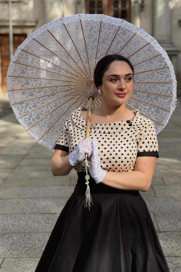 Darlene Retro Polka Swing Dress in Beige/Black Dolly and Dotty