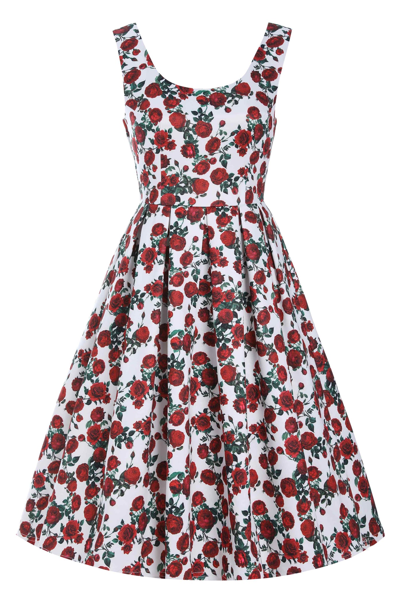 Front view of Amanda Retro Red Roses Swing Dress In White