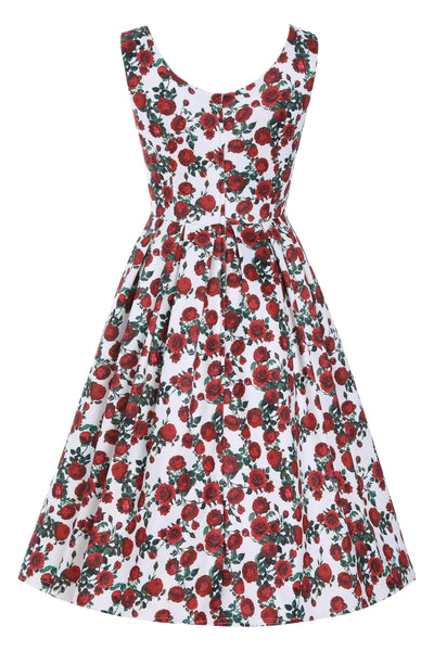 Back view of Retro Red Roses Swing Dress In White