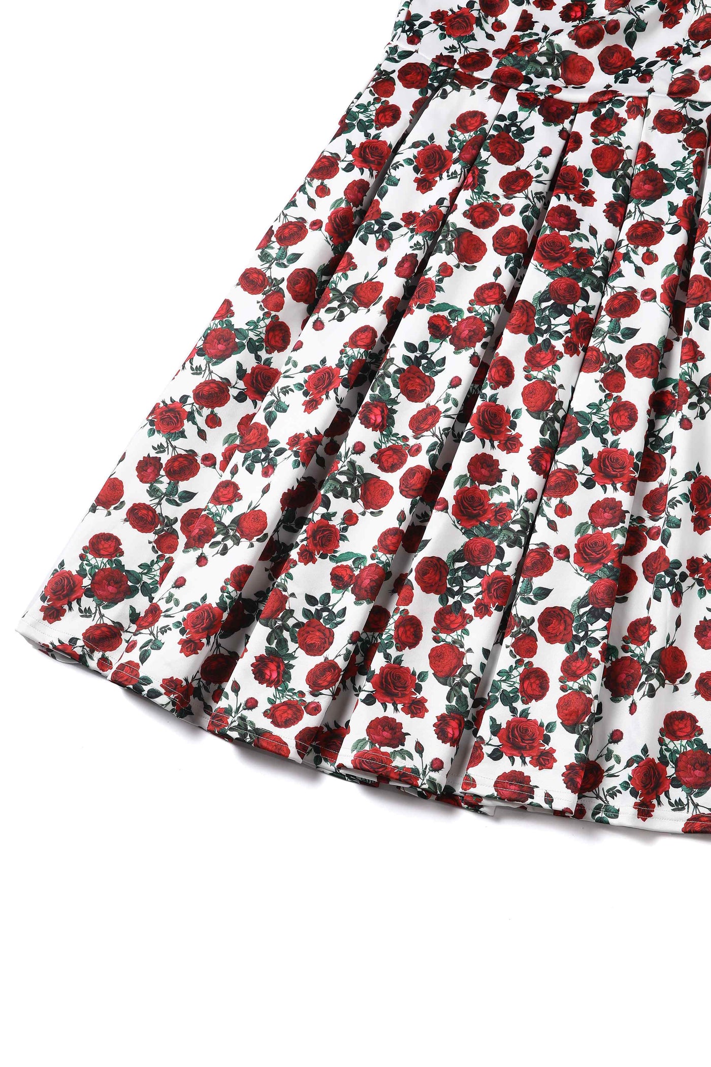 Close up view of Retro Red Roses Swing Dress In White