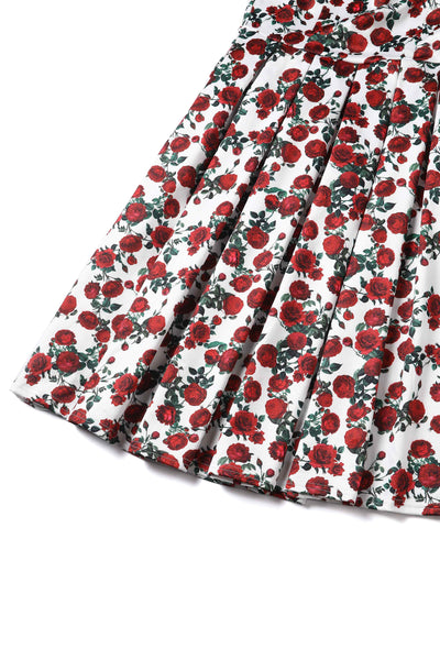 Close up view of Retro Red Roses Swing Dress In White