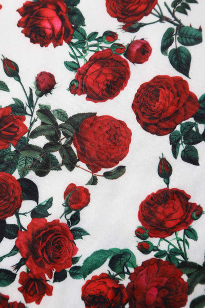 Close up view of Retro Red Roses Swing Dress In White
