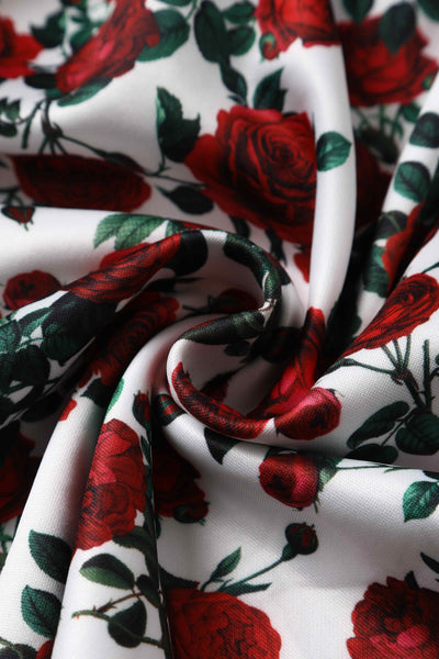 Close up view of Retro Red Roses Swing Dress In White