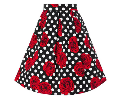Front view of Retro Swing Skirt in Roses & Polka Dots