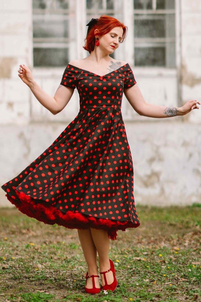 Lily Rockabilly Sleeve Swing Dress In Black/Red Polka Dot Print Lily Rockabilly Sleeve Swing Dress In Black/Red Polka Dot Print