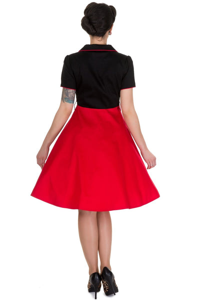 Model wearing our Penelope black and red diner dress, back view