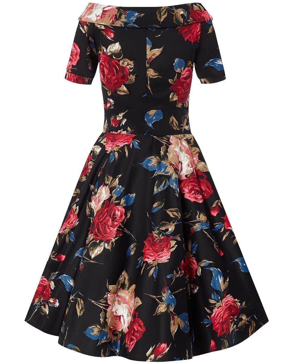 Rockabilly Floral Roses Swing Dress in Black