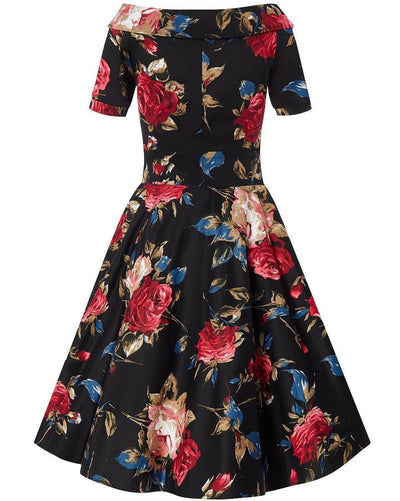 Rockabilly Floral Roses Swing Dress in Black
